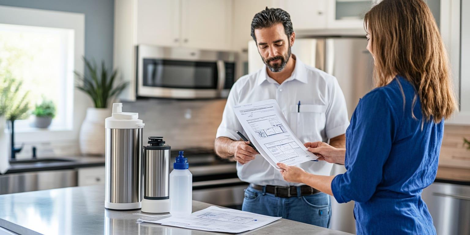 Photo of a Texas homeowner consulting with a plumber in a kitchen, comparing different water filtration system options based on test results, including reverse osmosis and whole-home systems.