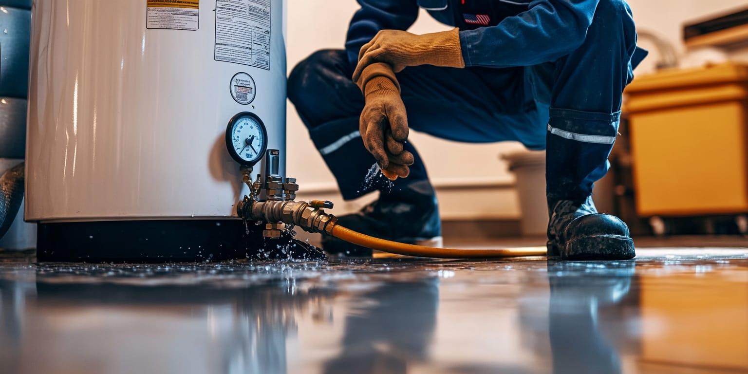 Photo of a licensed plumber in a garage performing maintenance on a residential water heater, flushing the system to remove sediment buildup, with tools and replacement parts nearby.