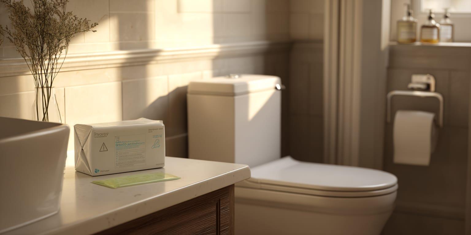 Flushable wipes in a Houston bathroom with a warning sign about not flushing them.