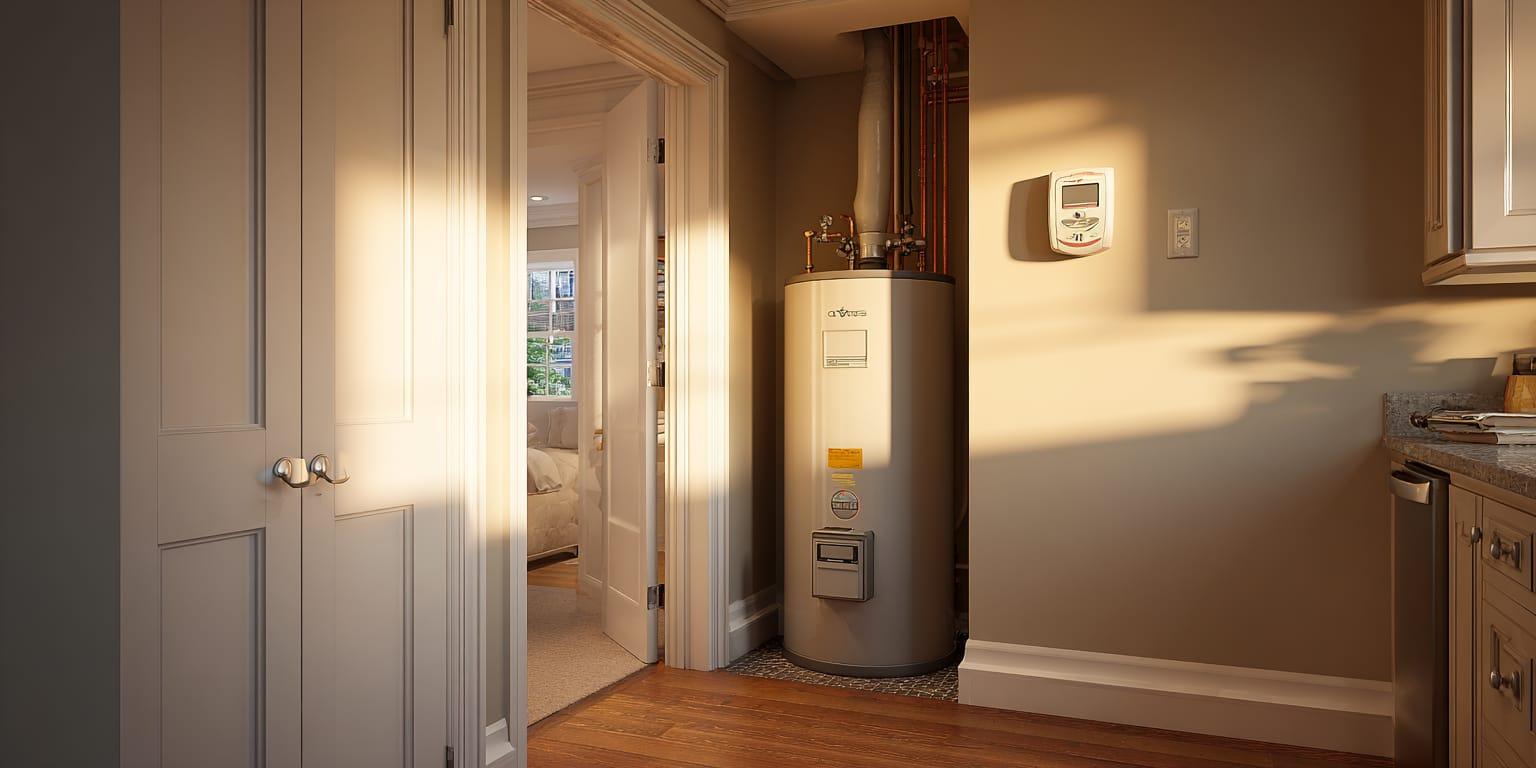 Properly installed gas water heater with carbon monoxide detector in a clean utility room.