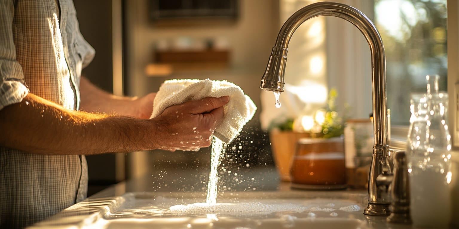 Photo of a Texas home showing hard water scale on a faucet, spotted shower glass, and a homeowner holding cloudy glassware—clear signs that a water softener may be needed.