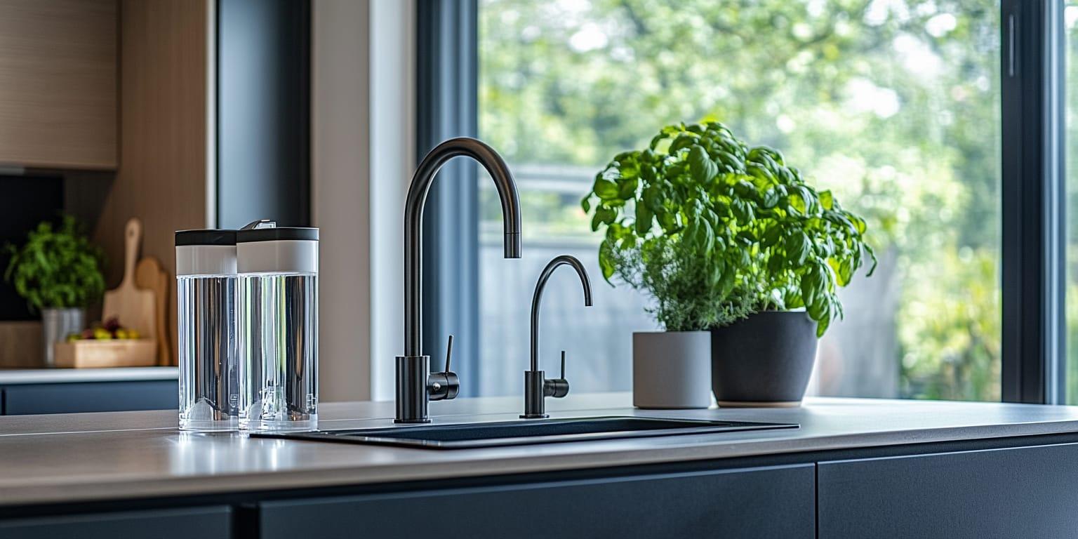 Photo of a modern Texas home showing countertop, under-sink, and whole-home water filtration systems in use, highlighting different options for clean drinking and household water.