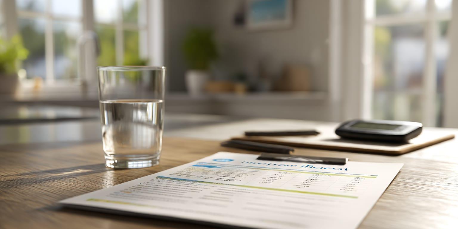 Water quality report with digital test meter and clear glass of water on kitchen counter.