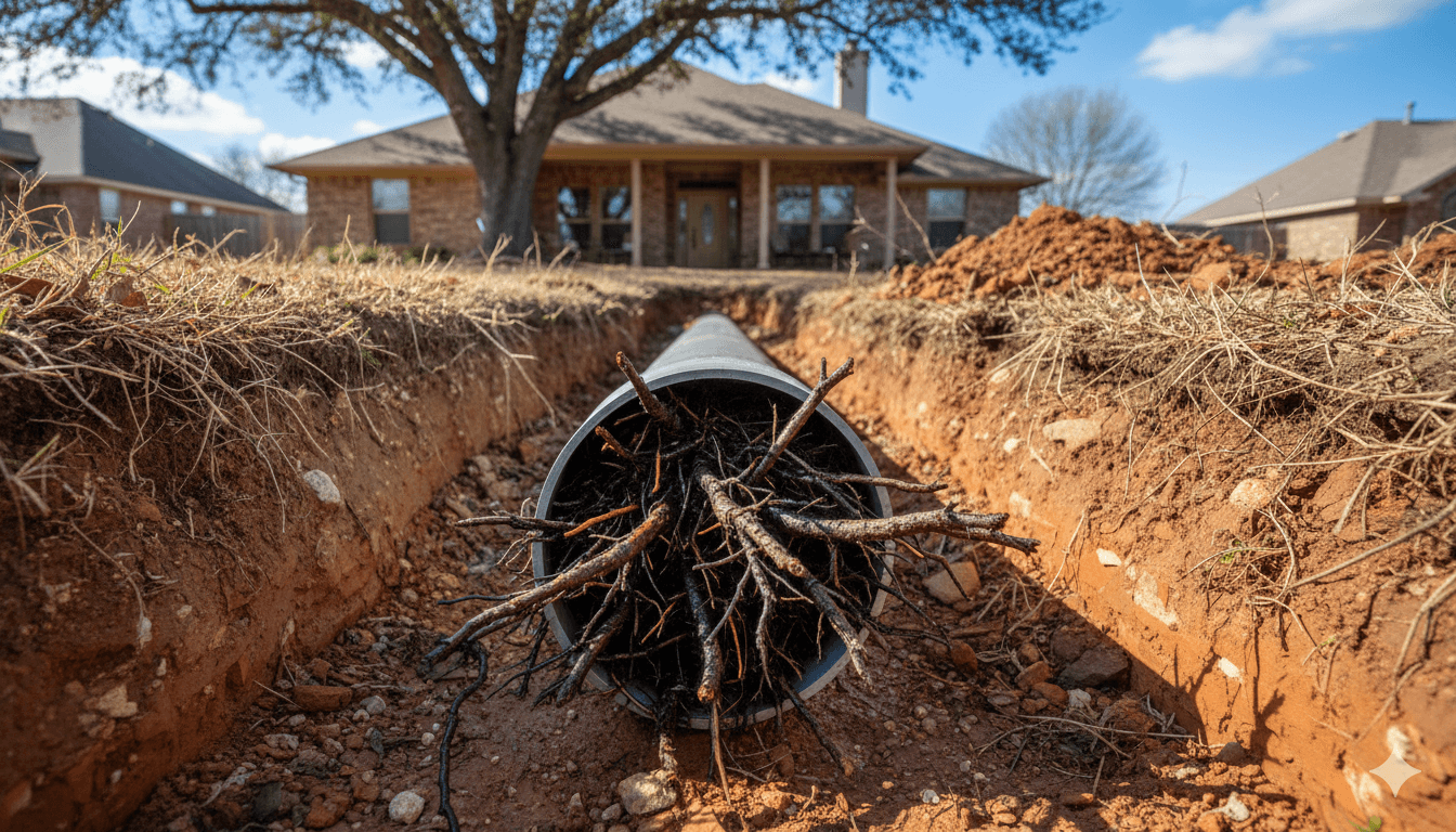 Conroe Tree Roots found in Plumbing causing a sewer backup plumber