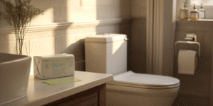 Flushable wipes in a Houston bathroom with a warning sign about not flushing them.
