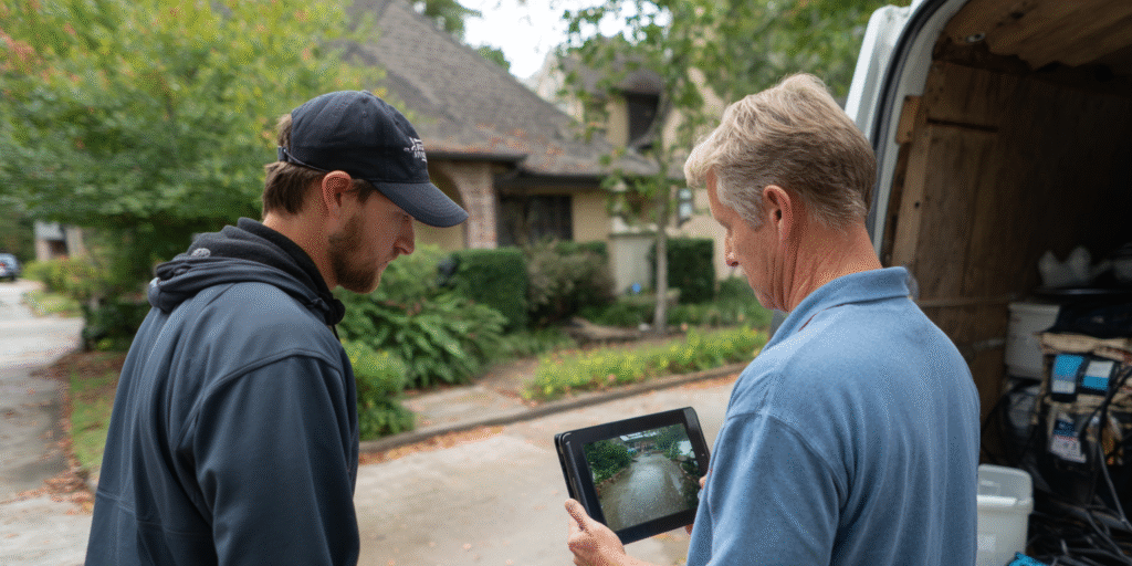 Homeowner watching live sewer camera inspection footage with plumber outside older Houston home.