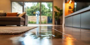 Photo of a Texas homeowner inspecting their living room for signs of a hidden plumbing leak, using a moisture meter near warped flooring and checking the water meter for unusual activity.