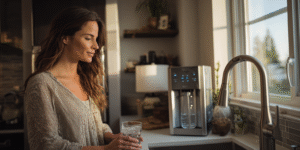 Renter using faucet-mounted water filter in a Texas apartment kitchen with a pitcher filter nearby.